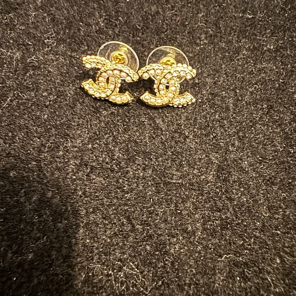 CHANEL Gold and Silver Crystal Logo Earrings - Picture 1 of 5